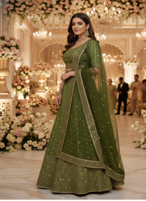 Olive green Vichitra Silk Sequin work Lehenga Set with dupatta 2