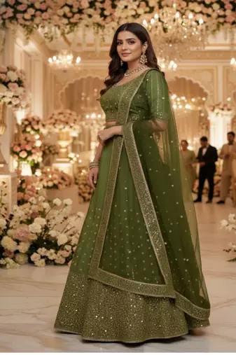 Olive green Vichitra Silk Sequin work Lehenga Set with dupatta