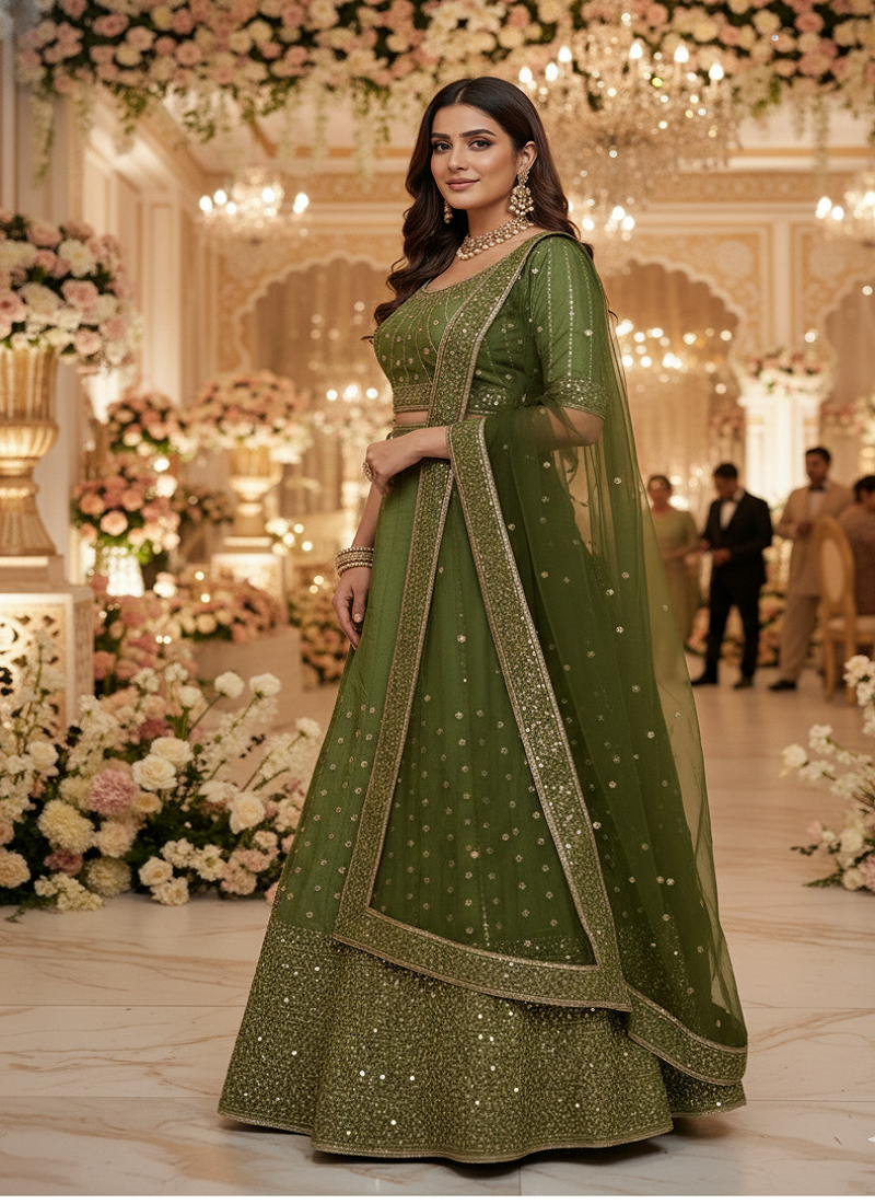 Olive green Vichitra Silk Sequin work Lehenga Set with dupatta