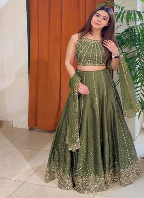 Olive green Vichitra Silk Sequin work Lehenga Set with dupatta 3