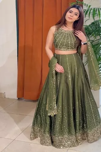 Olive green Vichitra Silk Sequin work Lehenga Set with dupatta