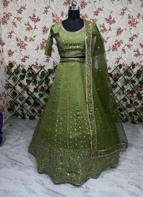 Olive green Vichitra Silk Sequin work Lehenga Set with dupatta 4