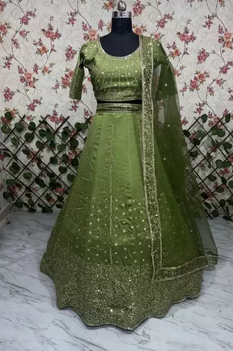 Olive green Vichitra Silk Sequin work Lehenga Set with dupatta
