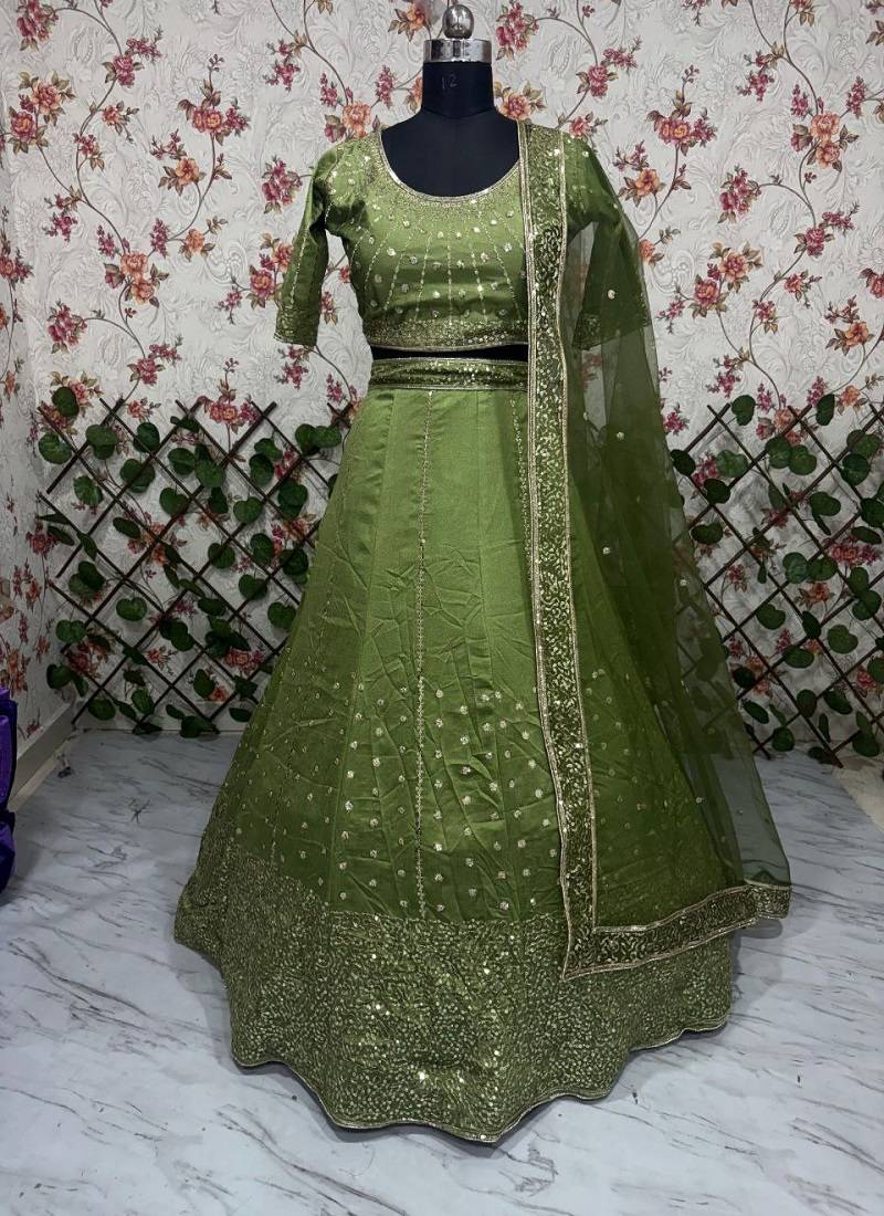 Olive green Vichitra Silk Sequin work Lehenga Set with dupatta