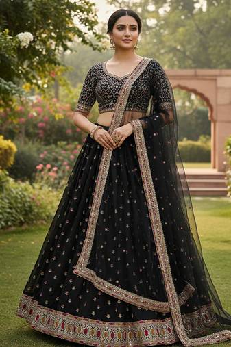 Black Poly Silk Sequin lehenga set With Jari Work 