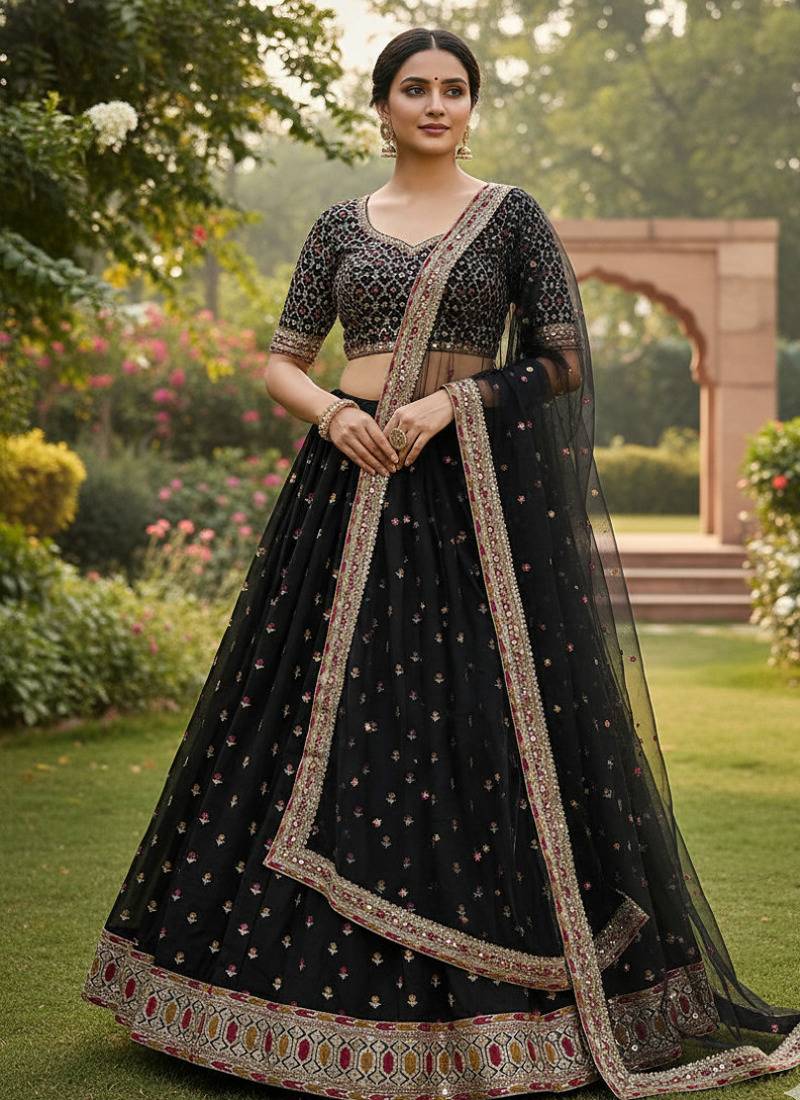 Black Poly Silk Sequin lehenga set With Jari Work 