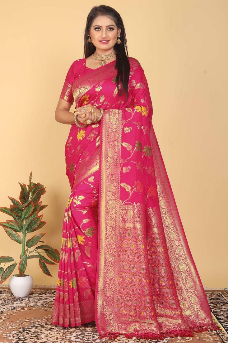 Rani Pink Dola Art Silk Saree with Rich Zari Weaving & Floral Thread Work by Maharanga