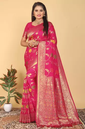 Rani Pink Dola Art Silk Saree with Rich Zari Weaving & Floral Thread Work by Maharanga