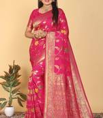 Rani Pink Dola Art Silk Saree with Rich Zari Weaving & Floral Thread Work by Maharanga