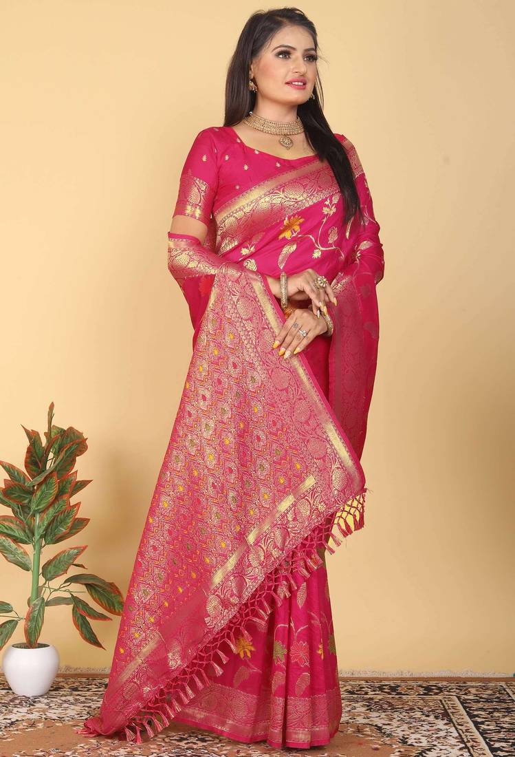Rani Pink Dola Art Silk Saree with Rich Zari Weaving & Floral Thread Work by Maharanga