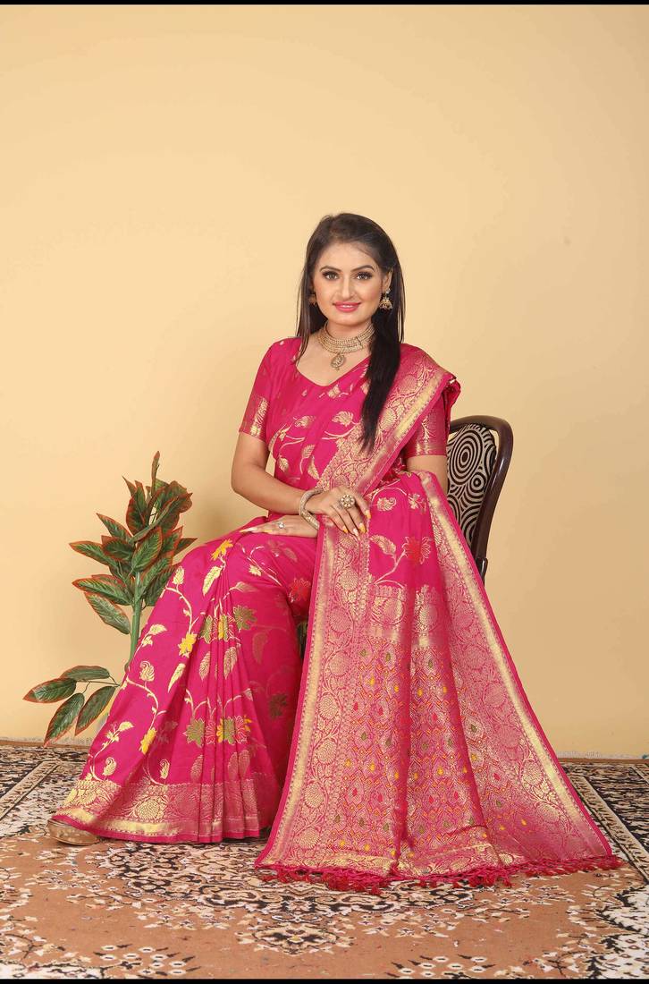 Rani Pink Dola Art Silk Saree with Rich Zari Weaving & Floral Thread Work by Maharanga