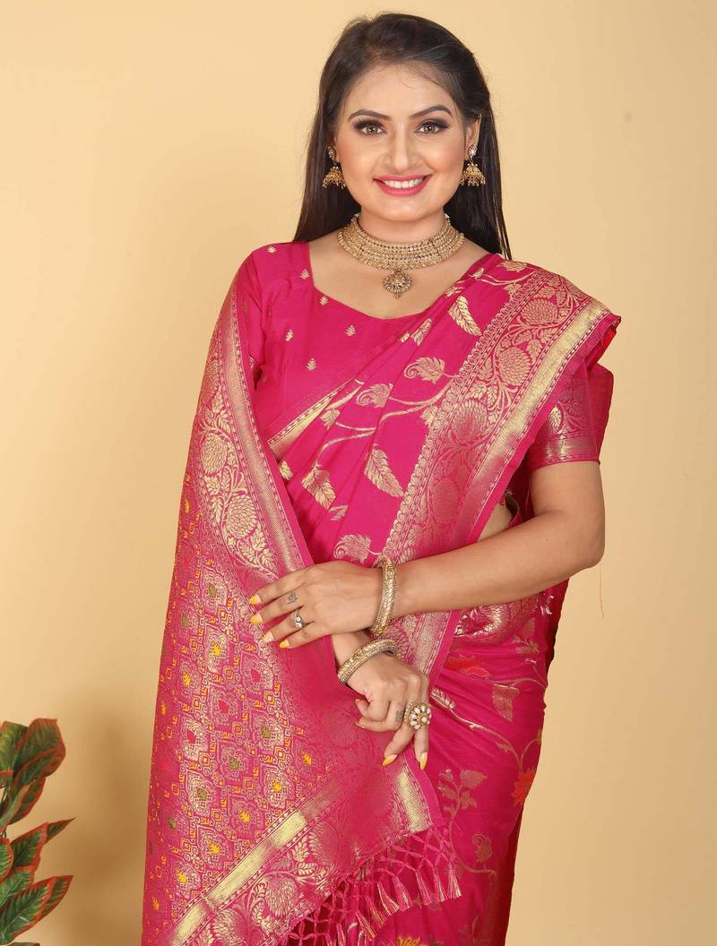 Rani Pink Dola Art Silk Saree with Rich Zari Weaving & Floral Thread Work by Maharanga