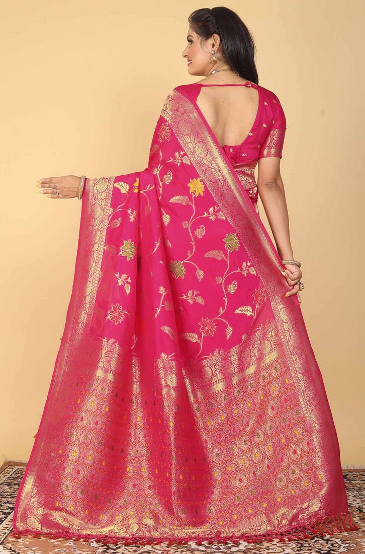 Rani Pink Dola Art Silk Saree with Rich Zari Weaving & Floral Thread Work by Maharanga