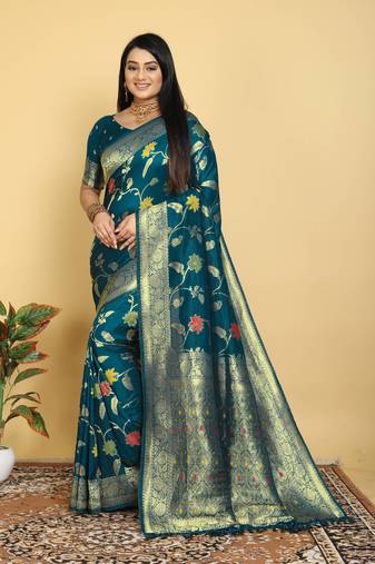 Dark Teal Dola Art Silk Saree with Traditional Zari Border and Designer Pallu by Maharanga