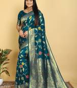 Dark Teal Dola Art Silk Saree with Traditional Zari Border and Designer Pallu by Maharanga