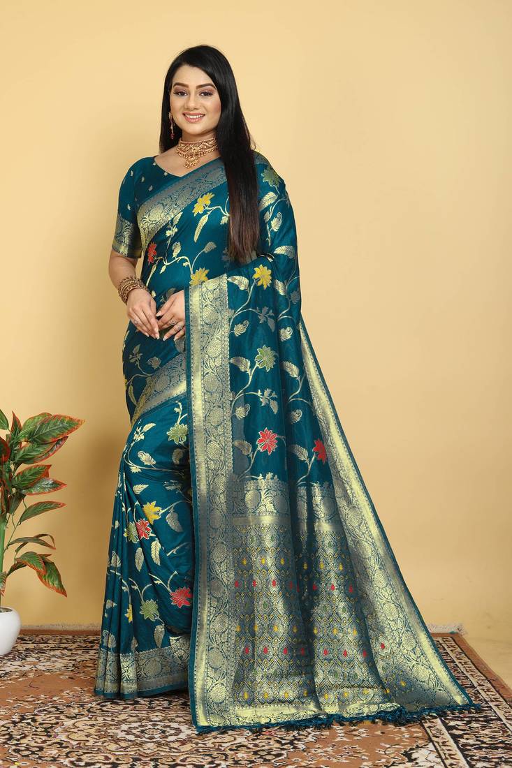 Dark Teal Dola Art Silk Saree with Traditional Zari Border and Designer Pallu by Maharanga
