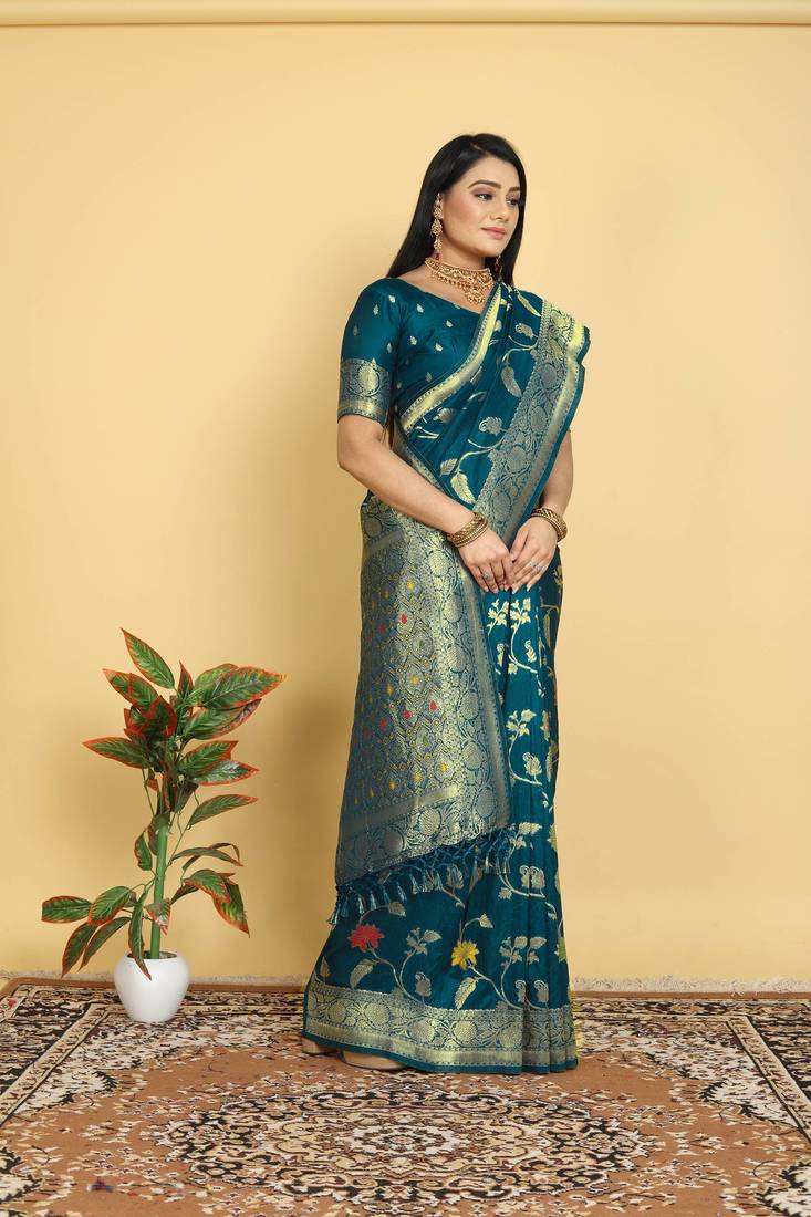 Dark Teal Dola Art Silk Saree with Traditional Zari Border and Designer Pallu by Maharanga