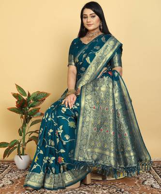 Dark Teal Dola Art Silk Saree with Traditional Zari Border and Designer Pallu by Maharanga 3
