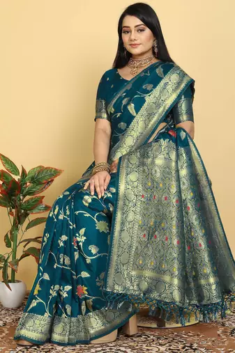 Dark Teal Dola Art Silk Saree with Traditional Zari Border and Designer Pallu by Maharanga