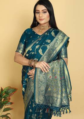 Dark Teal Dola Art Silk Saree with Traditional Zari Border and Designer Pallu by Maharanga 4