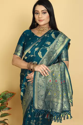 Dark Teal Dola Art Silk Saree with Traditional Zari Border and Designer Pallu by Maharanga