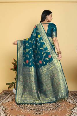 Dark Teal Dola Art Silk Saree with Traditional Zari Border and Designer Pallu by Maharanga 5