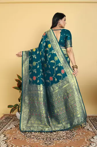 Dark Teal Dola Art Silk Saree with Traditional Zari Border and Designer Pallu by Maharanga