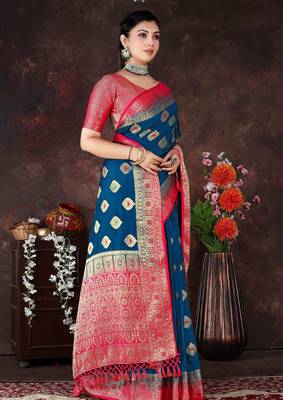Banarasi Style Blue Dola Art Silk Saree with Zari Motifs & Heavy Red Pallu by Maharanga 1