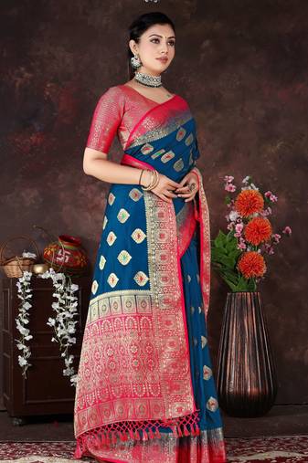 Banarasi Style Blue Dola Art Silk Saree with Zari Motifs & Heavy Red Pallu by Maharanga