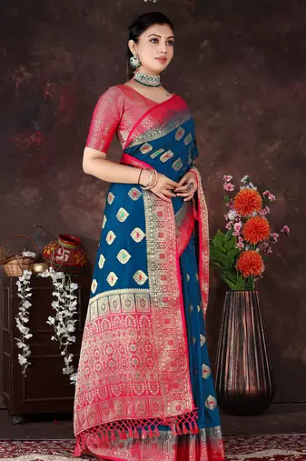 Banarasi Style Blue Dola Art Silk Saree with Zari Motifs & Heavy Red Pallu by Maharanga