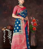 Banarasi Style Blue Dola Art Silk Saree with Zari Motifs & Heavy Red Pallu by Maharanga