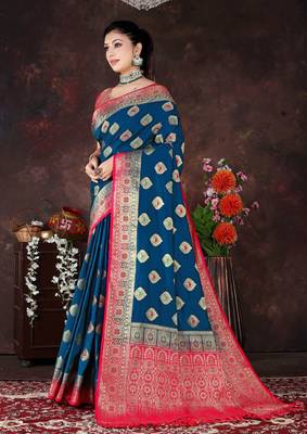 Banarasi Style Blue Dola Art Silk Saree with Zari Motifs & Heavy Red Pallu by Maharanga 2