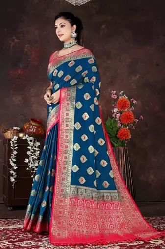 Banarasi Style Blue Dola Art Silk Saree with Zari Motifs & Heavy Red Pallu by Maharanga