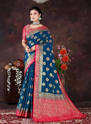Banarasi Style Blue Dola Art Silk Saree with Zari Motifs & Heavy Red Pallu by Maharanga 3