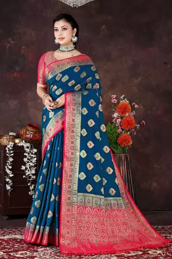 Banarasi Style Blue Dola Art Silk Saree with Zari Motifs & Heavy Red Pallu by Maharanga