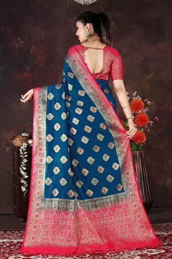Banarasi Style Blue Dola Art Silk Saree with Zari Motifs & Heavy Red Pallu by Maharanga