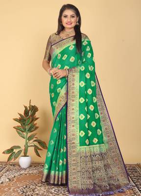Green Banarasi Style Dola Art Silk Saree with Zari Butta & Rich Contrast Border by Maharanga 1