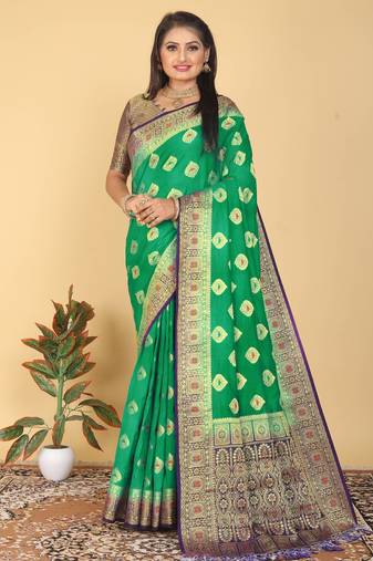 Green Banarasi Style Dola Art Silk Saree with Zari Butta & Rich Contrast Border by Maharanga
