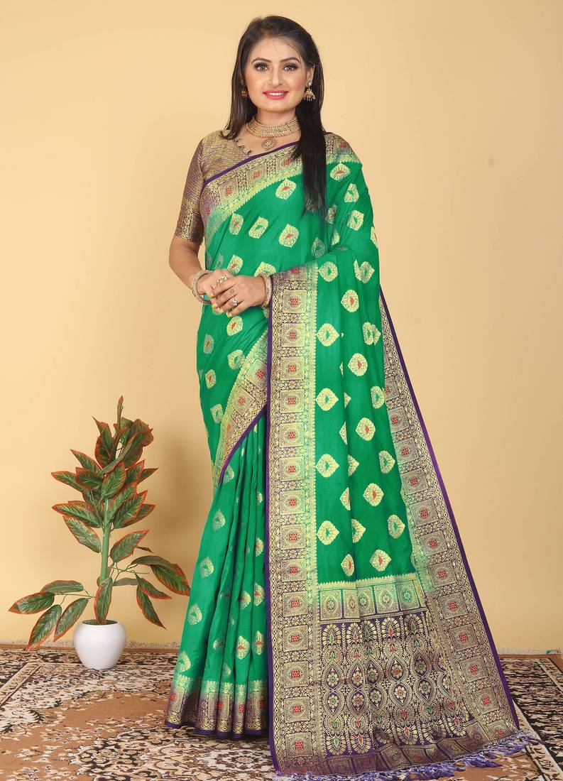 Green Banarasi Style Dola Art Silk Saree with Zari Butta & Rich Contrast Border by Maharanga