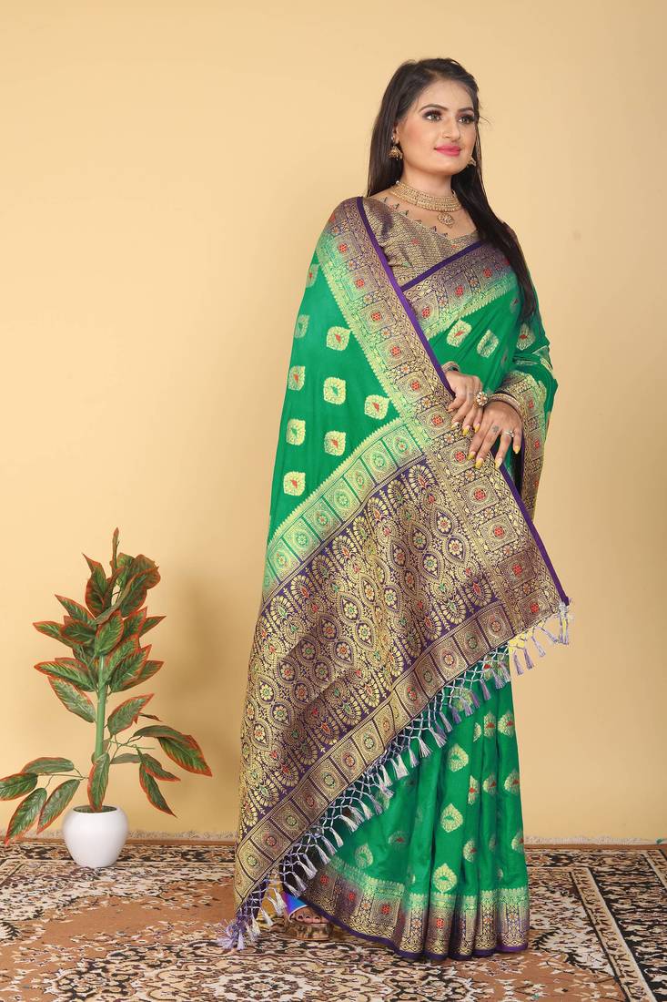 Green Banarasi Style Dola Art Silk Saree with Zari Butta & Rich Contrast Border by Maharanga