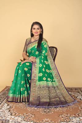 Green Banarasi Style Dola Art Silk Saree with Zari Butta & Rich Contrast Border by Maharanga 3