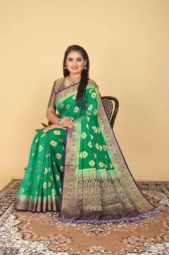 Green Banarasi Style Dola Art Silk Saree with Zari Butta & Rich Contrast Border by Maharanga