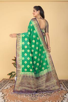 Green Banarasi Style Dola Art Silk Saree with Zari Butta & Rich Contrast Border by Maharanga 4