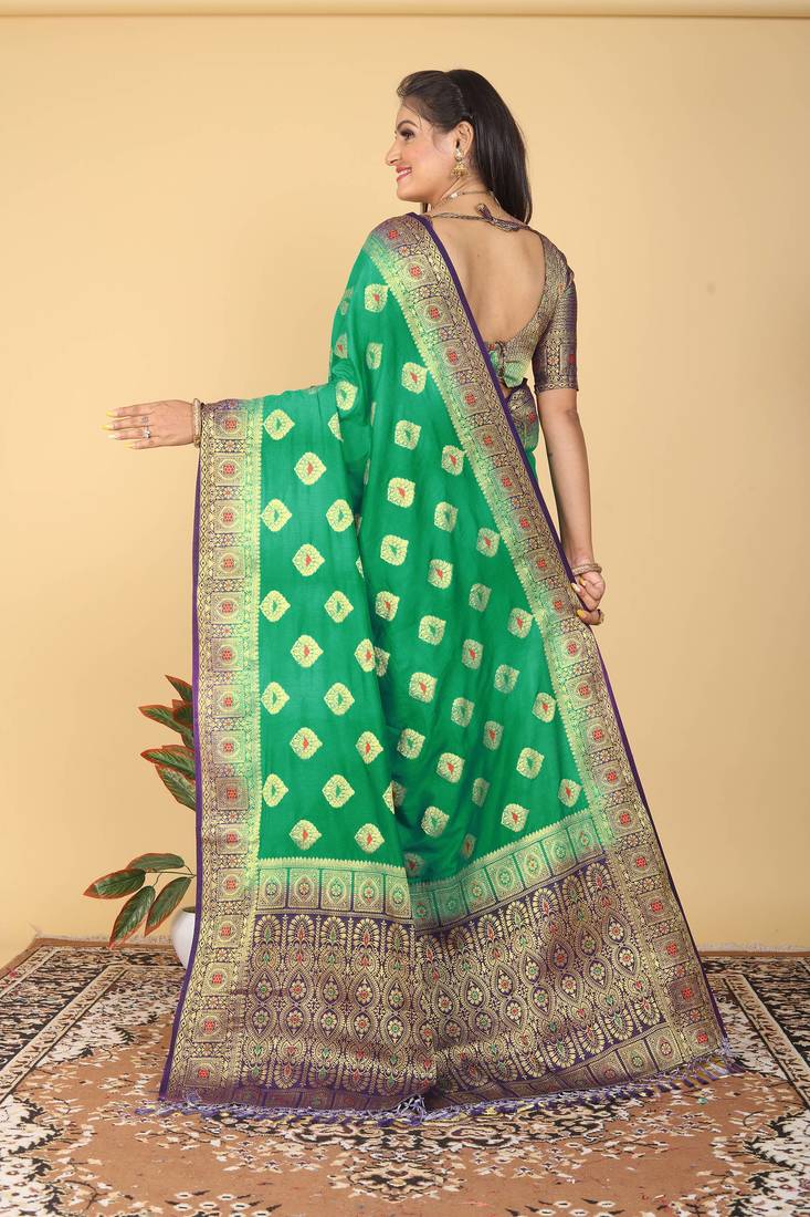Green Banarasi Style Dola Art Silk Saree with Zari Butta & Rich Contrast Border by Maharanga