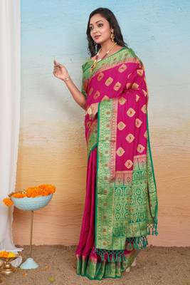 Rani Pink Dola Art Silk Saree with Zari & Thread Butta Work and Rich Green Contrast Border by Maharanga 1