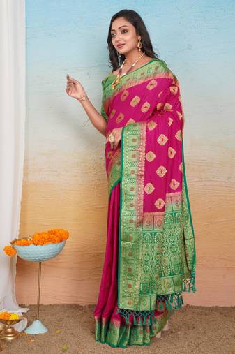 Rani Pink Dola Art Silk Saree with Zari & Thread Butta Work and Rich Green Contrast Border by Maharanga