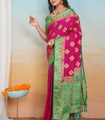 Rani Pink Dola Art Silk Saree with Zari & Thread Butta Work and Rich Green Contrast Border by Maharanga