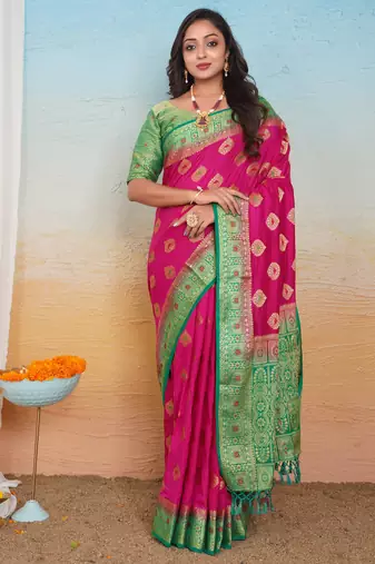 Rani Pink Dola Art Silk Saree with Zari & Thread Butta Work and Rich Green Contrast Border by Maharanga