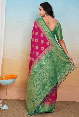Rani Pink Dola Art Silk Saree with Zari & Thread Butta Work and Rich Green Contrast Border by Maharanga 4