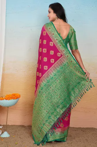 Rani Pink Dola Art Silk Saree with Zari & Thread Butta Work and Rich Green Contrast Border by Maharanga